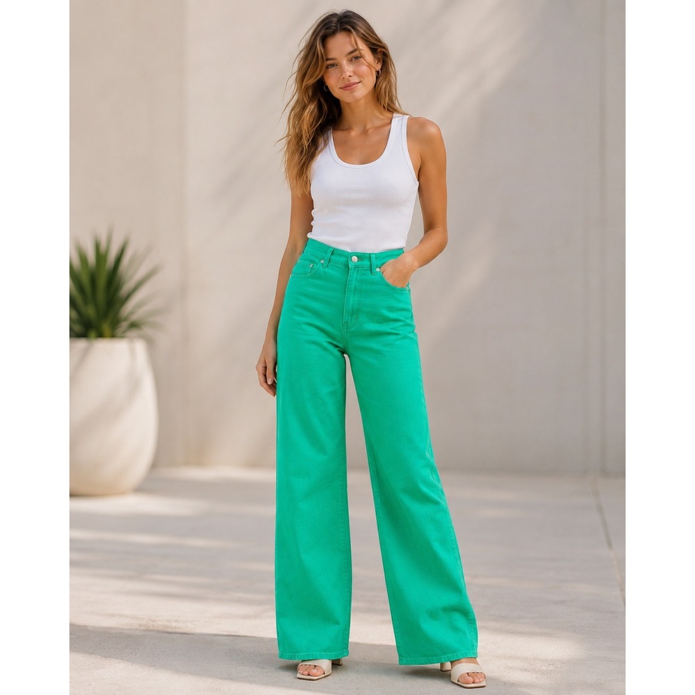 Y2K Wide Leg Clean Girl Jeans Green Denim Dopamine Dressing Scandi 27x30 Size 4